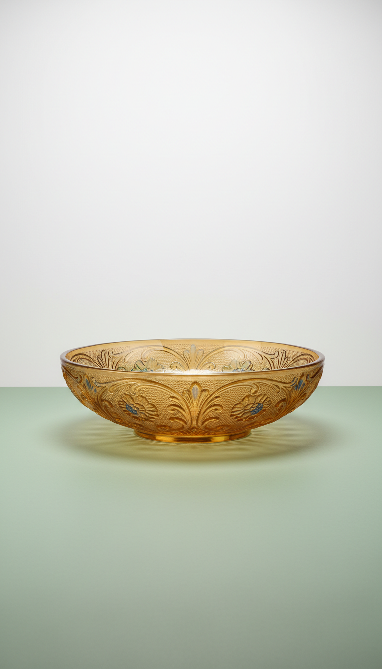 Dekoschale aus Glas in antikem Gold, flach und breit